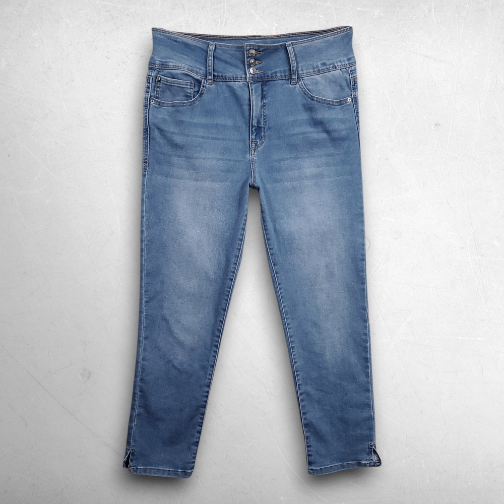 Curve Appeal High Rise Triple Button Cropped Jeans Women 14 Blue Y2K Streetwear